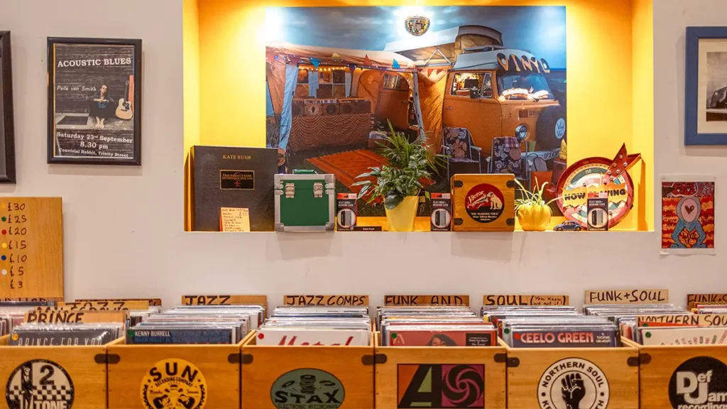 Vinyl records and music memorabilia displayed inside Vinyl Van at Brewery Square, Dorchester.
