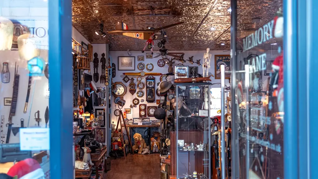 Interior of Memory Lane at Brewery Square, Dorchester showing vintage, retro and collectible items.