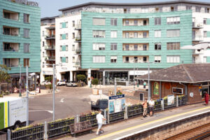 Dorchester South railway station next to Brewery Square in Dorchester, Dorset